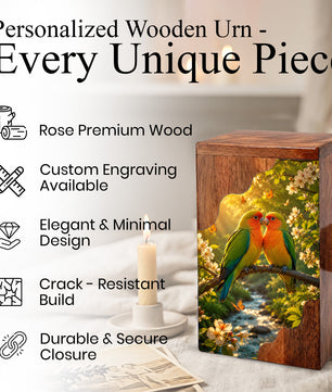 Lovebirds Wooden Cremation Urn – Memorial Urn for Human Ashes
