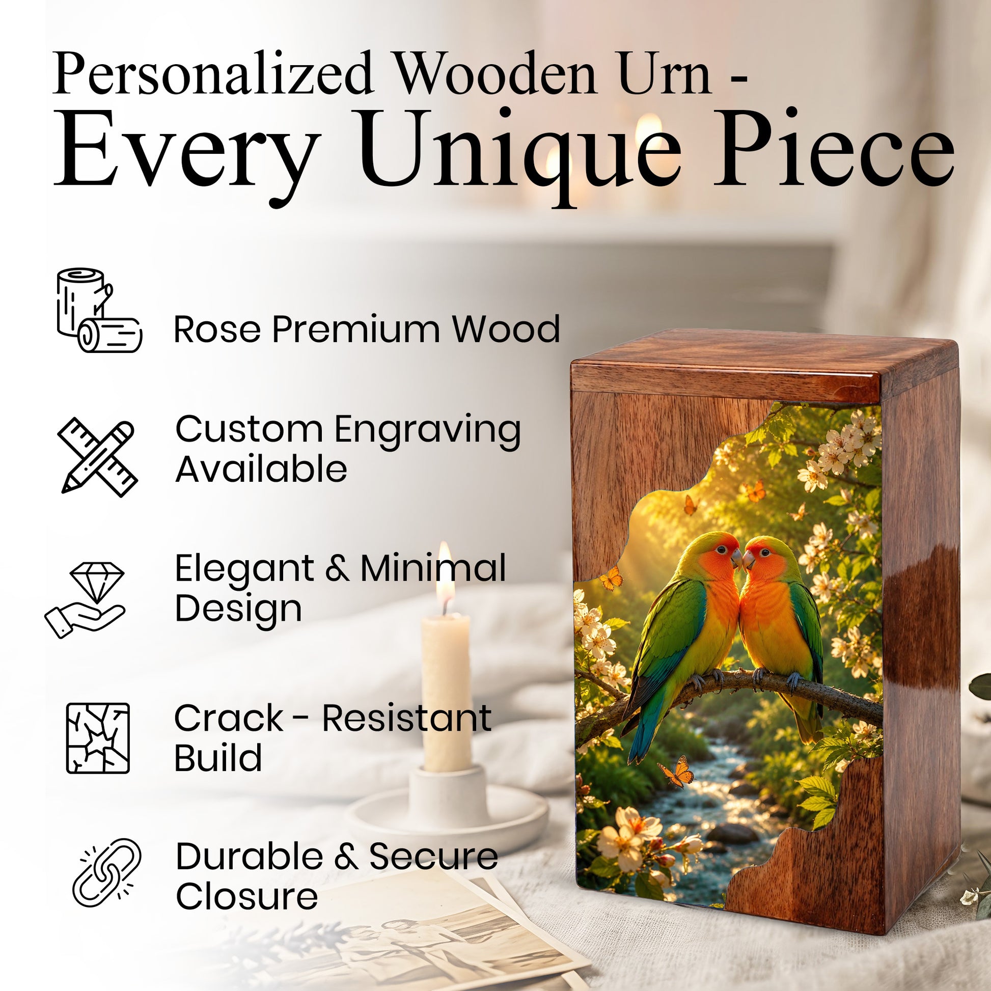 Lovebirds Wooden Cremation Urn – Memorial Urn for Human Ashes