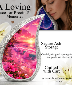 Pink Beach Cremation Urn for Adult Ashes | Beautiful Ocean Wave & Sunset Urn for Mom, Women & Loved Ones