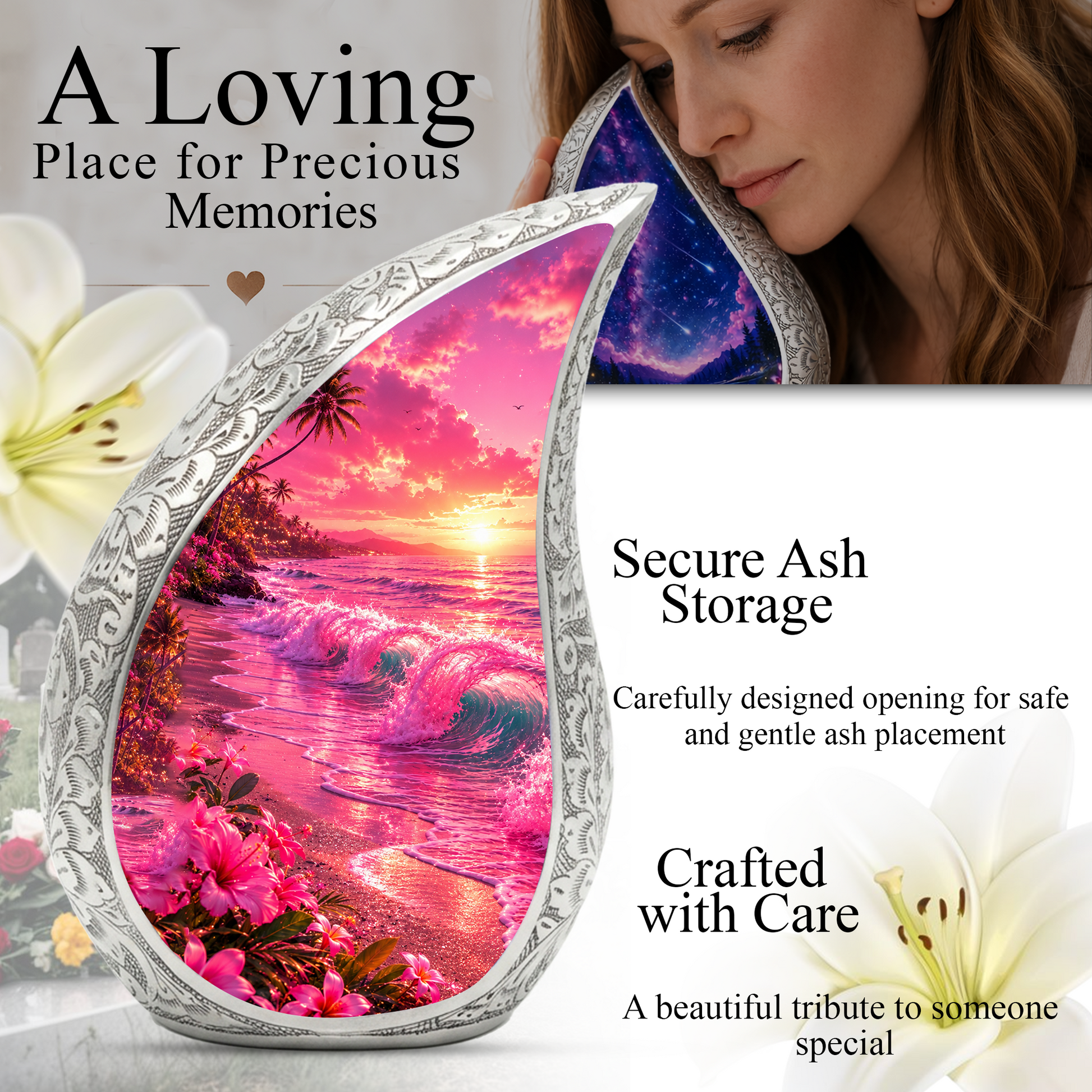 Pink Beach Cremation Urn for Adult Ashes | Beautiful Ocean Wave & Sunset Urn for Mom, Women & Loved Ones