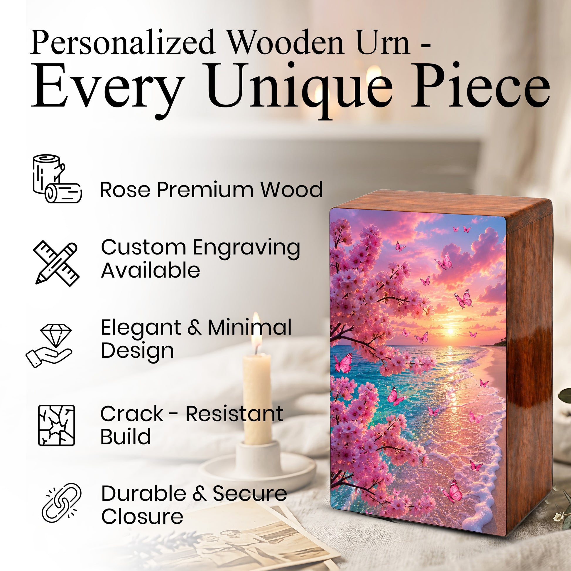 Pink Butterfly Urn For Ashes Women - Personalized Beach Scene Mini Cremation Urn