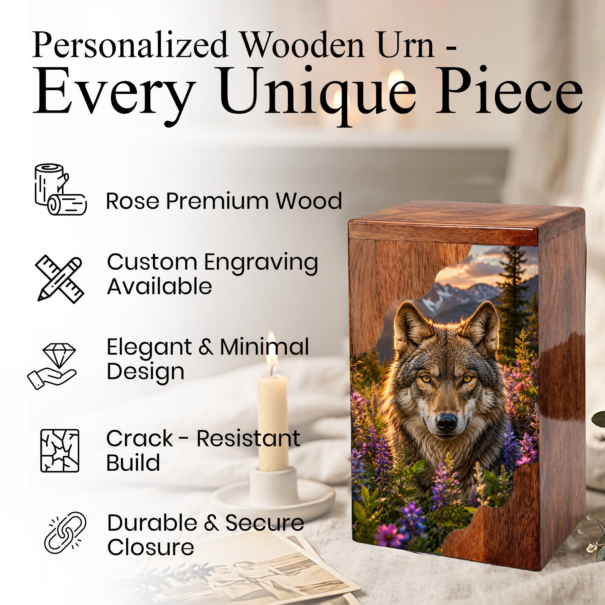 Wolf Wooden Cremation Urn – Wooden Urn for Human Ashes