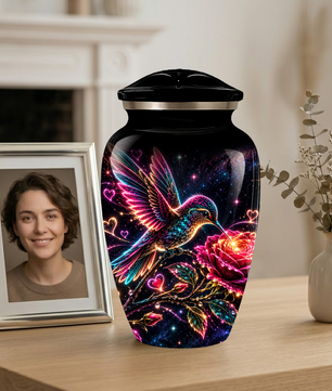 Hummingbird and Rose Cremation Urn for Adult Ashes – Personalized Aluminum Memorial Urn