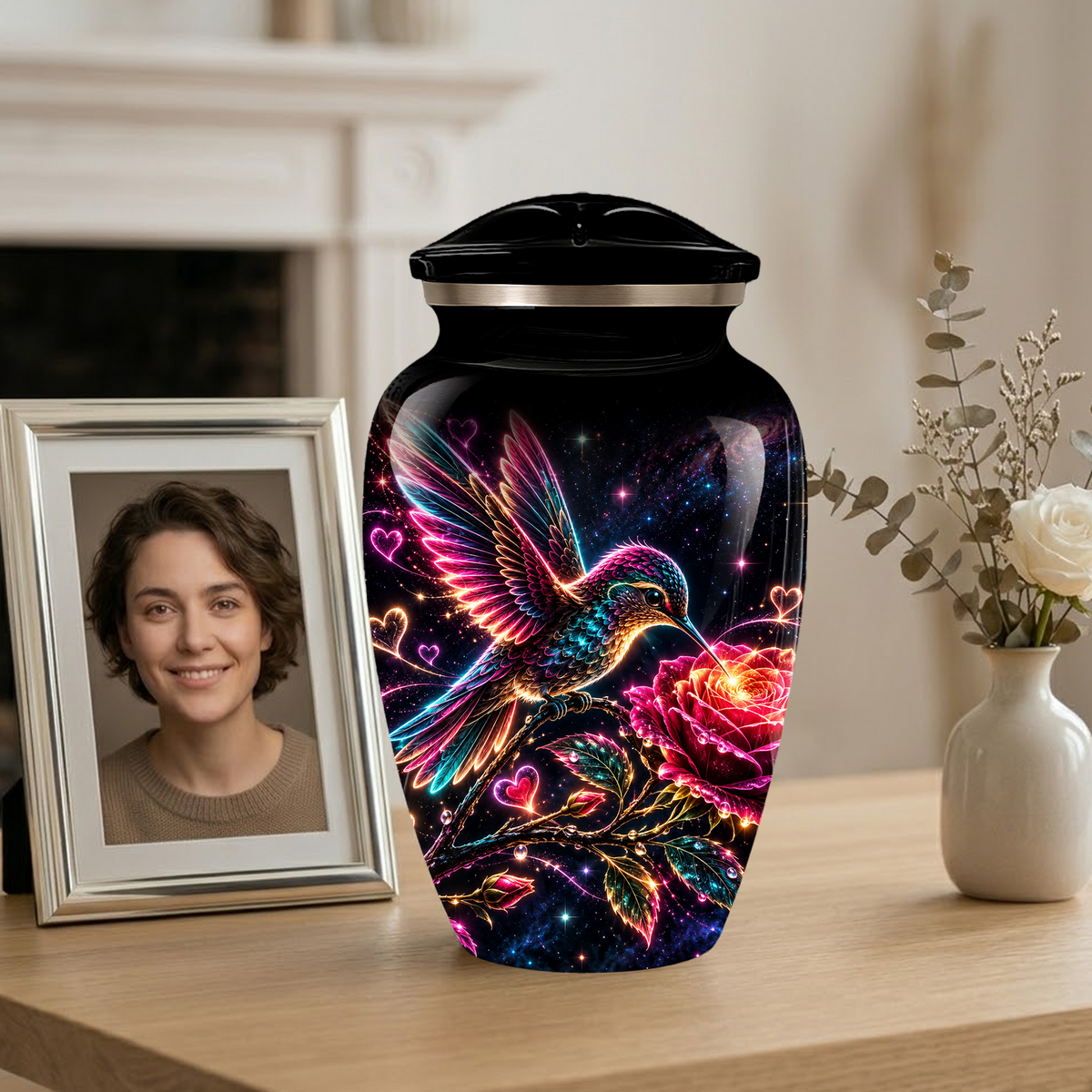 Hummingbird and Rose Cremation Urn for Adult Ashes – Personalized Aluminum Memorial Urn