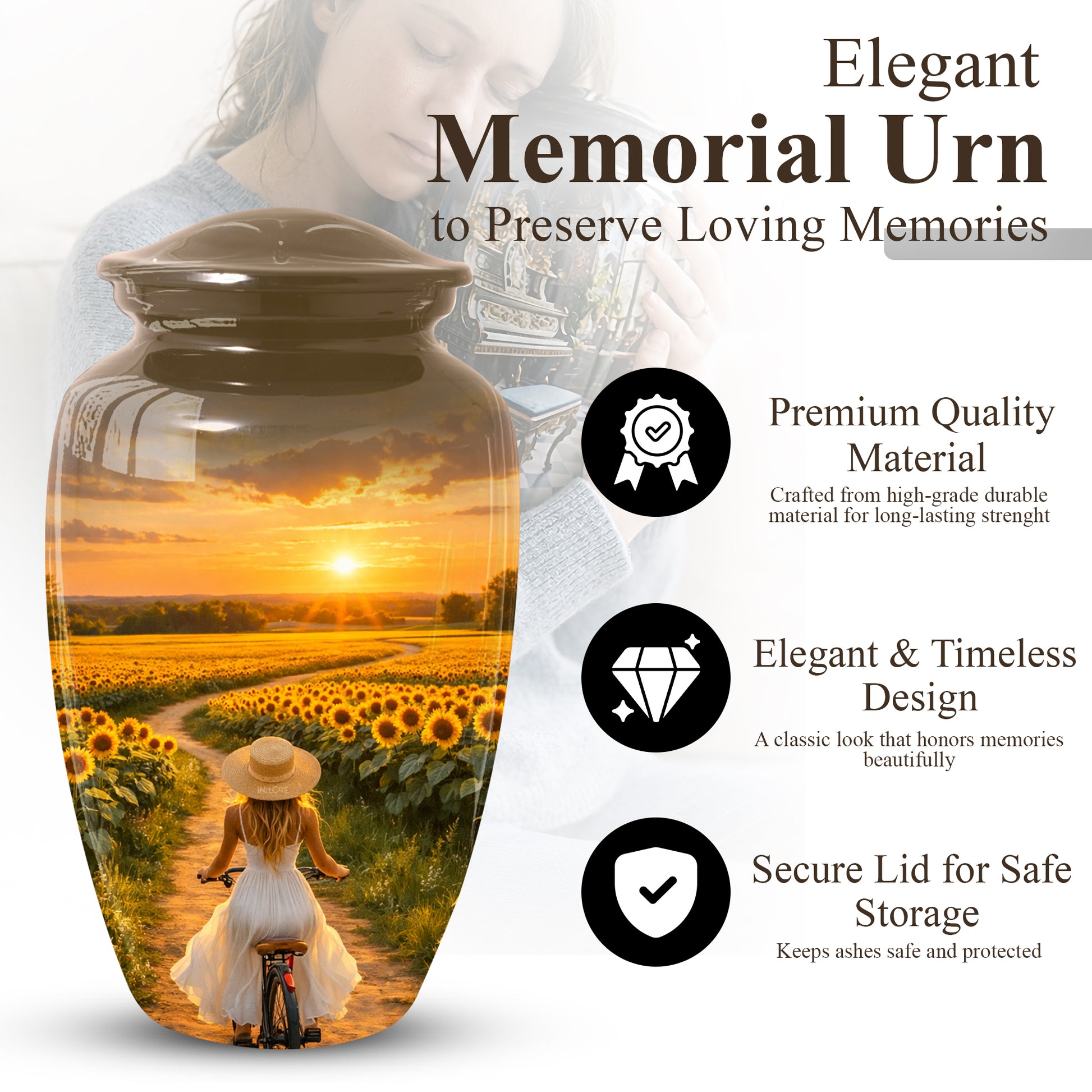 Sunflower Urn for Mom – Sunset Memorial  LargeUrn for Ashes | Beautiful Cremation Urn for Women