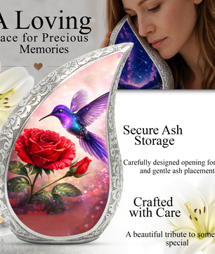 Hummingbird Rose Personalized Cremation Urn – Teardrop Style Aluminum Memorial Urn, 10 Inch