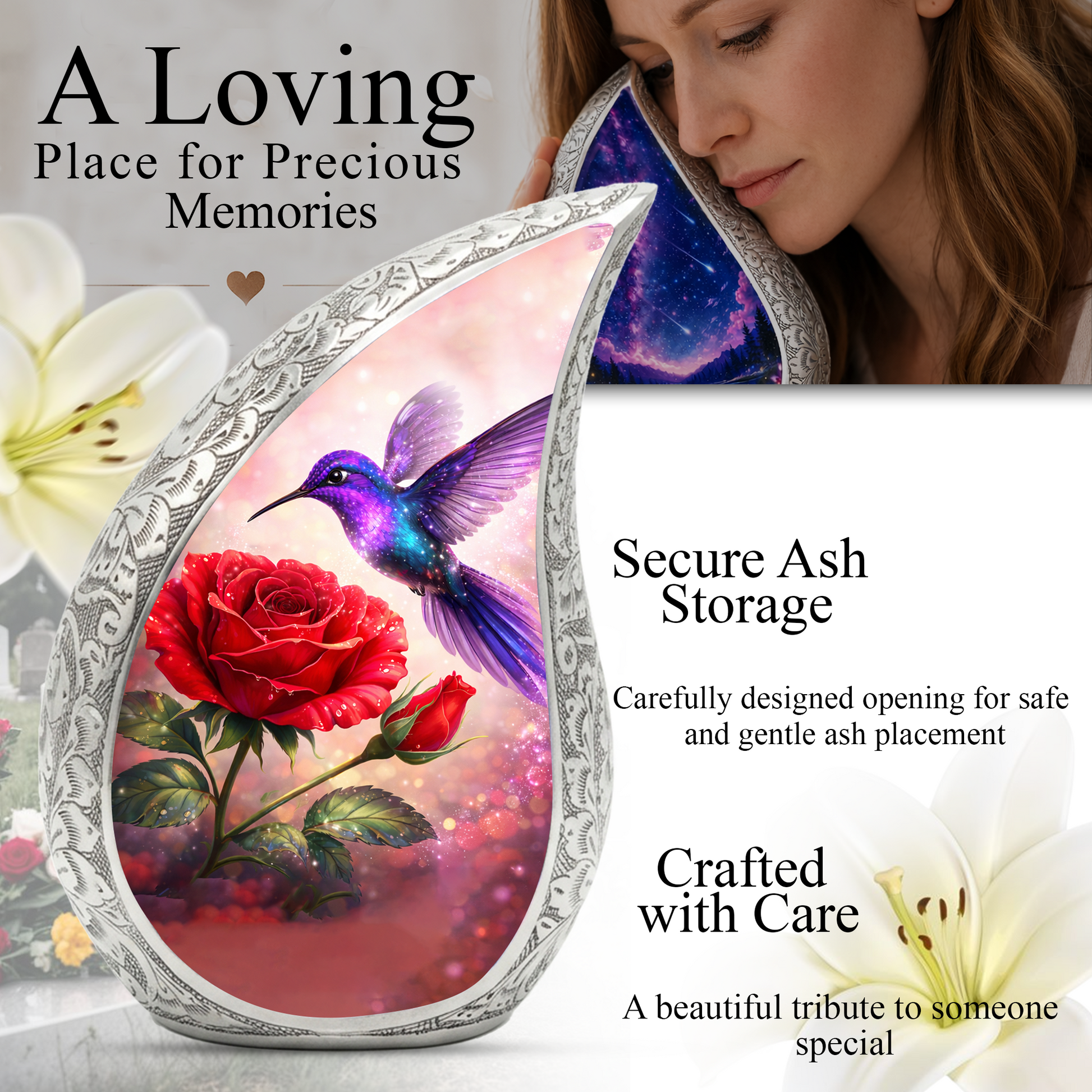 Hummingbird Rose Personalized Cremation Urn – Teardrop Style Aluminum Memorial Urn, 10 Inch