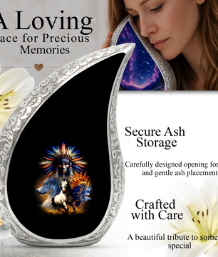 Native American Urns for Dad – Personalized Cremation Urn for Adult Male with Wolf & Horse Spirit Art