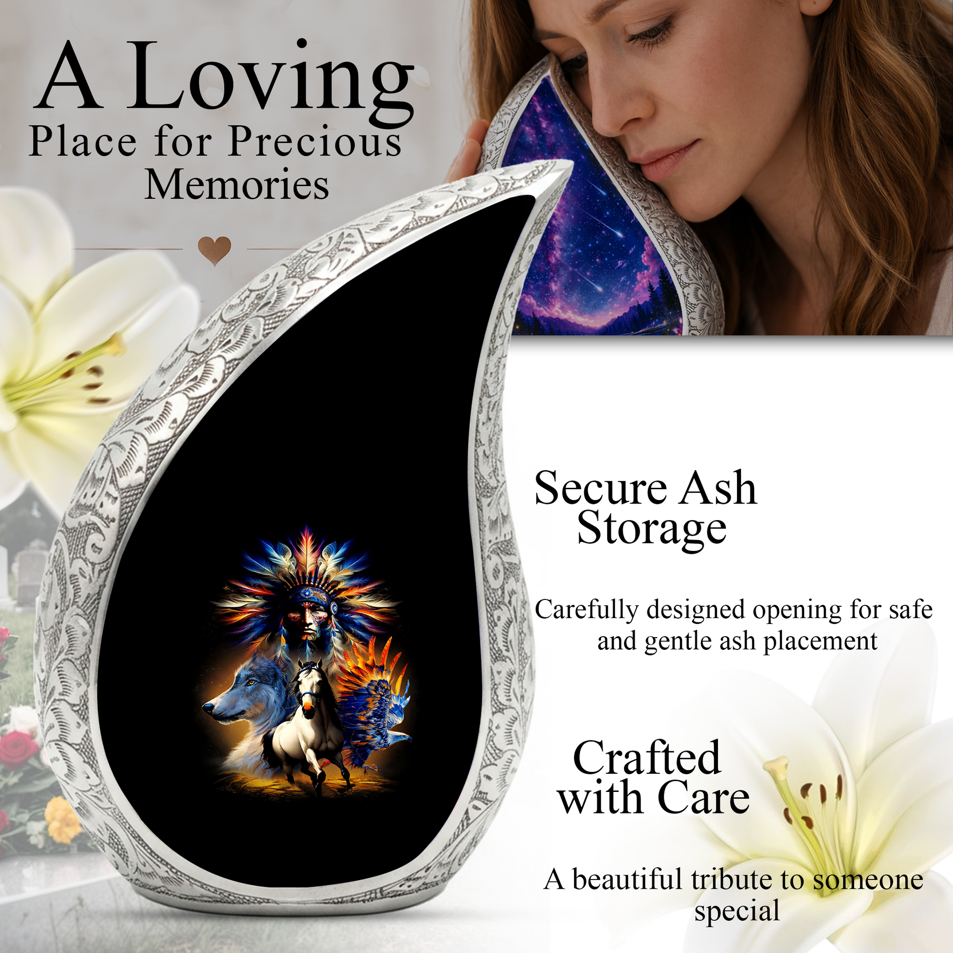 Native American Urns for Dad – Personalized Cremation Urn for Adult Male with Wolf & Horse Spirit Art