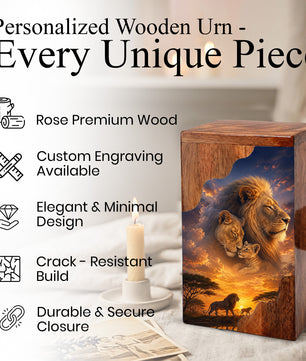 Lion Family Wooden Cremation Urn – Legacy & Eternal Love Memorial Urn for Human Ashes