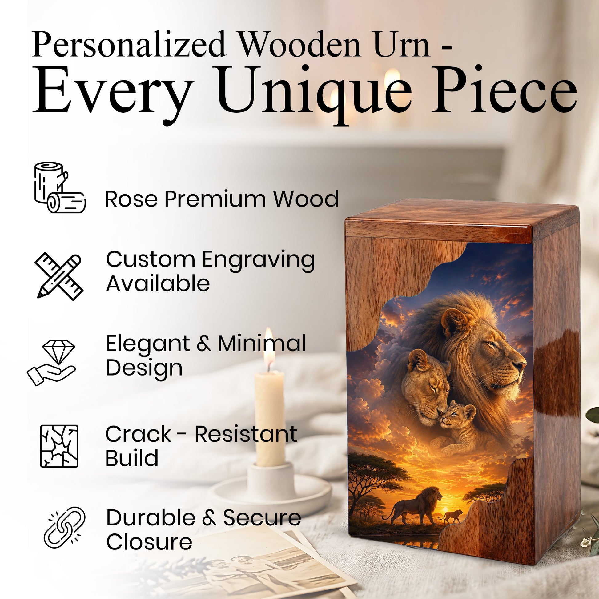 Lion Family Wooden Cremation Urn – Legacy & Eternal Love Memorial Urn for Human Ashes