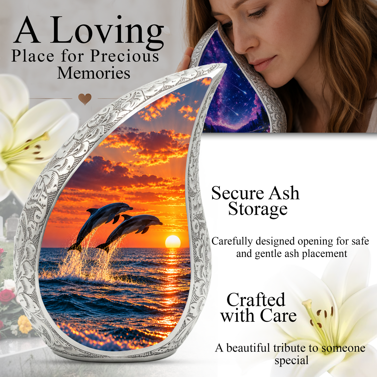 Dolphin Cremation Urn for Ashes, Ocean Memorial Urn, Dolphin Adult Urn, Beach Sunset Cremation Urn