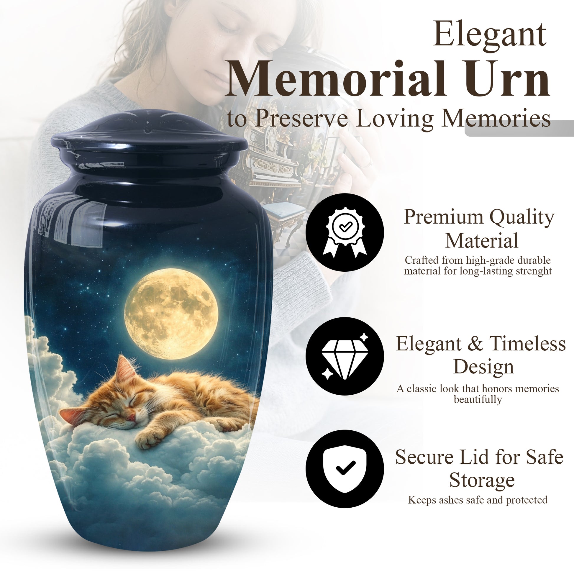 Cat Memorial Urn for Mom | Moon Cat Cremation  Large Urn for Ashes- Funeral Keepsake Urn