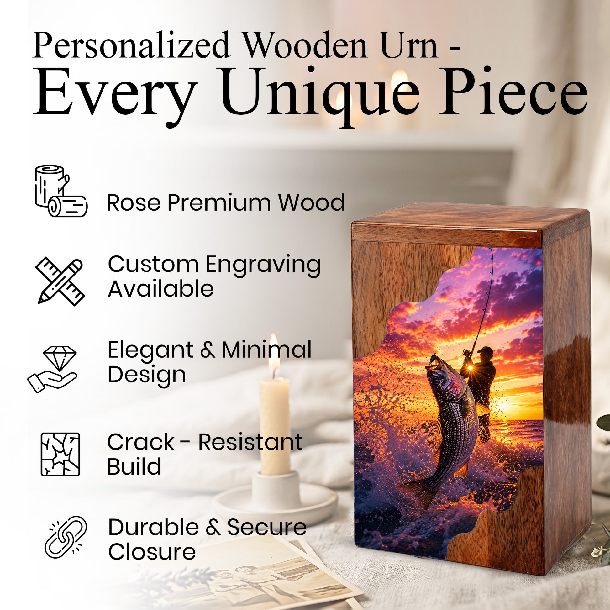 Fishing Wooden Cremation Urn – Gone Fishing Memorial Urn for Human Ashes