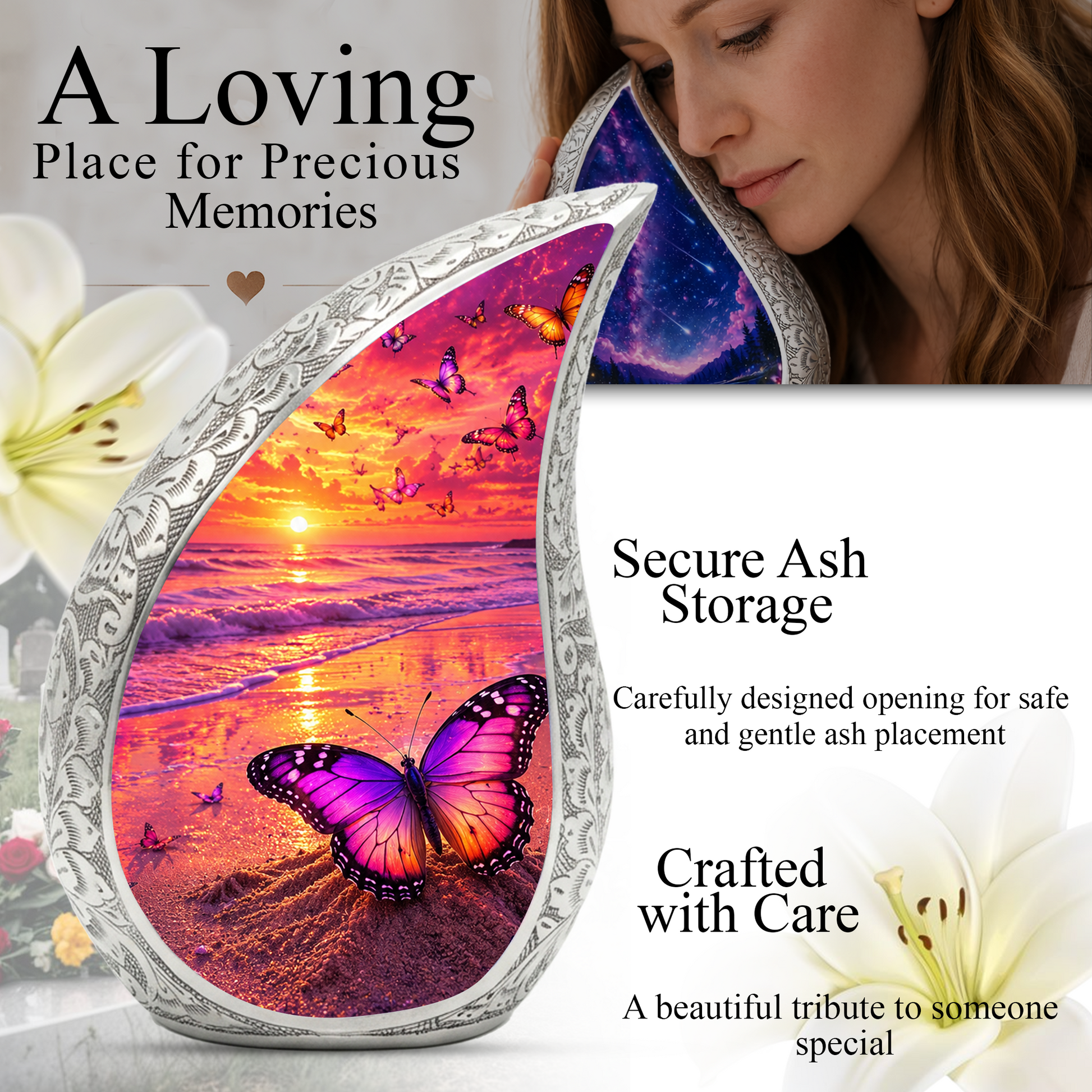 Butterfly Beach Urn for Human Ashes | Ocean Theme Adult Cremation Urn