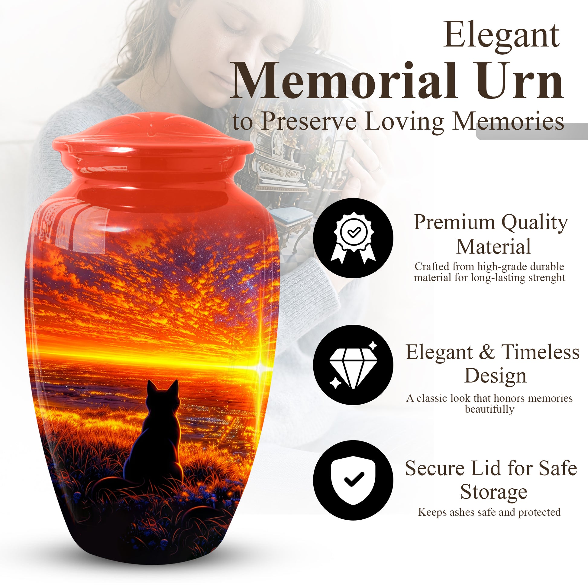 Cat Urn for Mom | Beautiful Sunset Cat Cremation  Large Urn for Mother |Funeral Keepsake