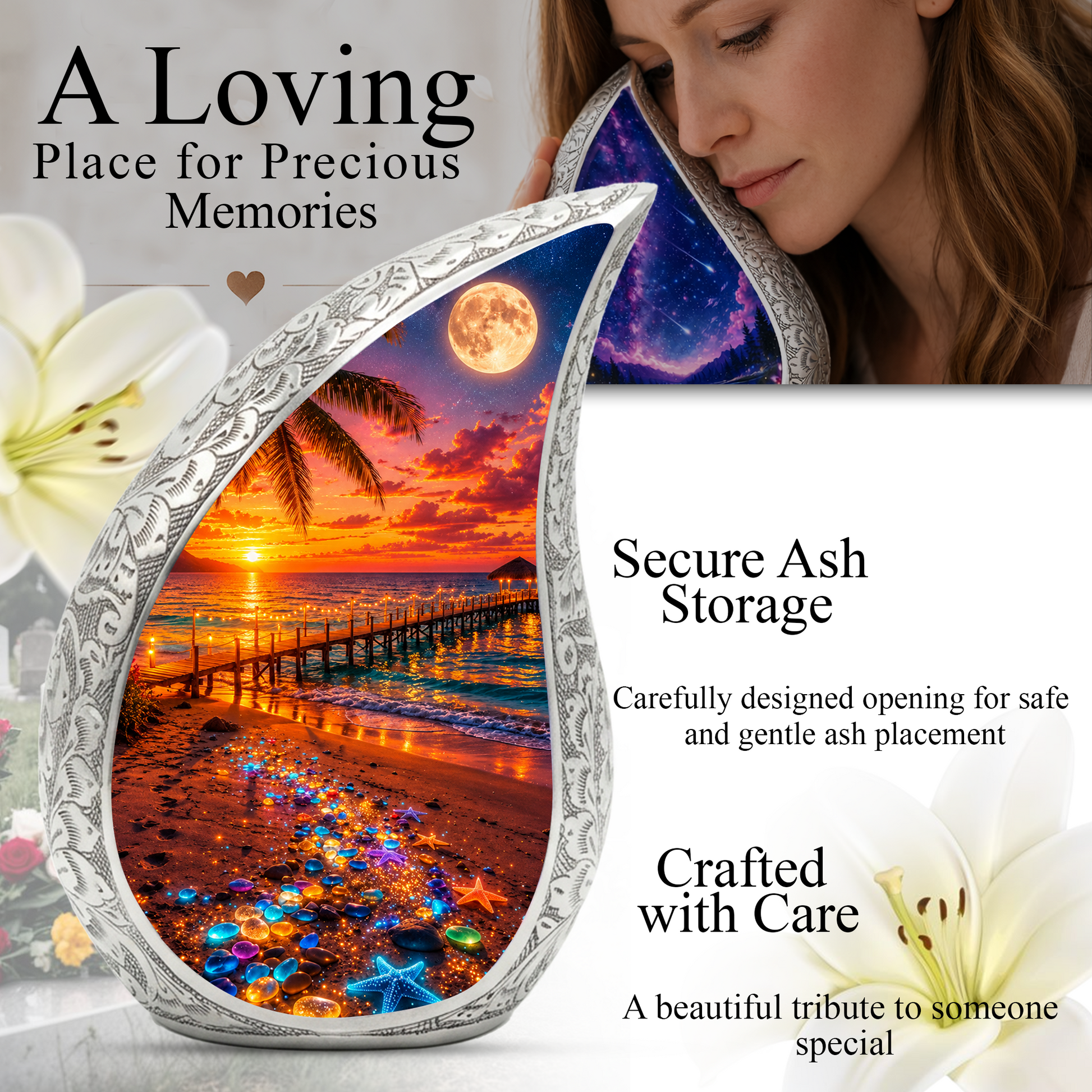 Moonlit Beach Memorial Urn for Mom – Personalized Cremation Funeral Urn for Human Ashes | Keepsake Urn for Women