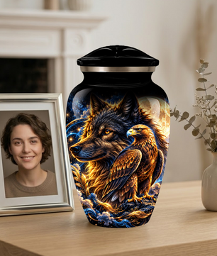 Wolf and Eagle Cremation Urn for Adult Ashes, Black Memorial Urn with Golden Eagle, Majestic Wolf and Celestial Artwork