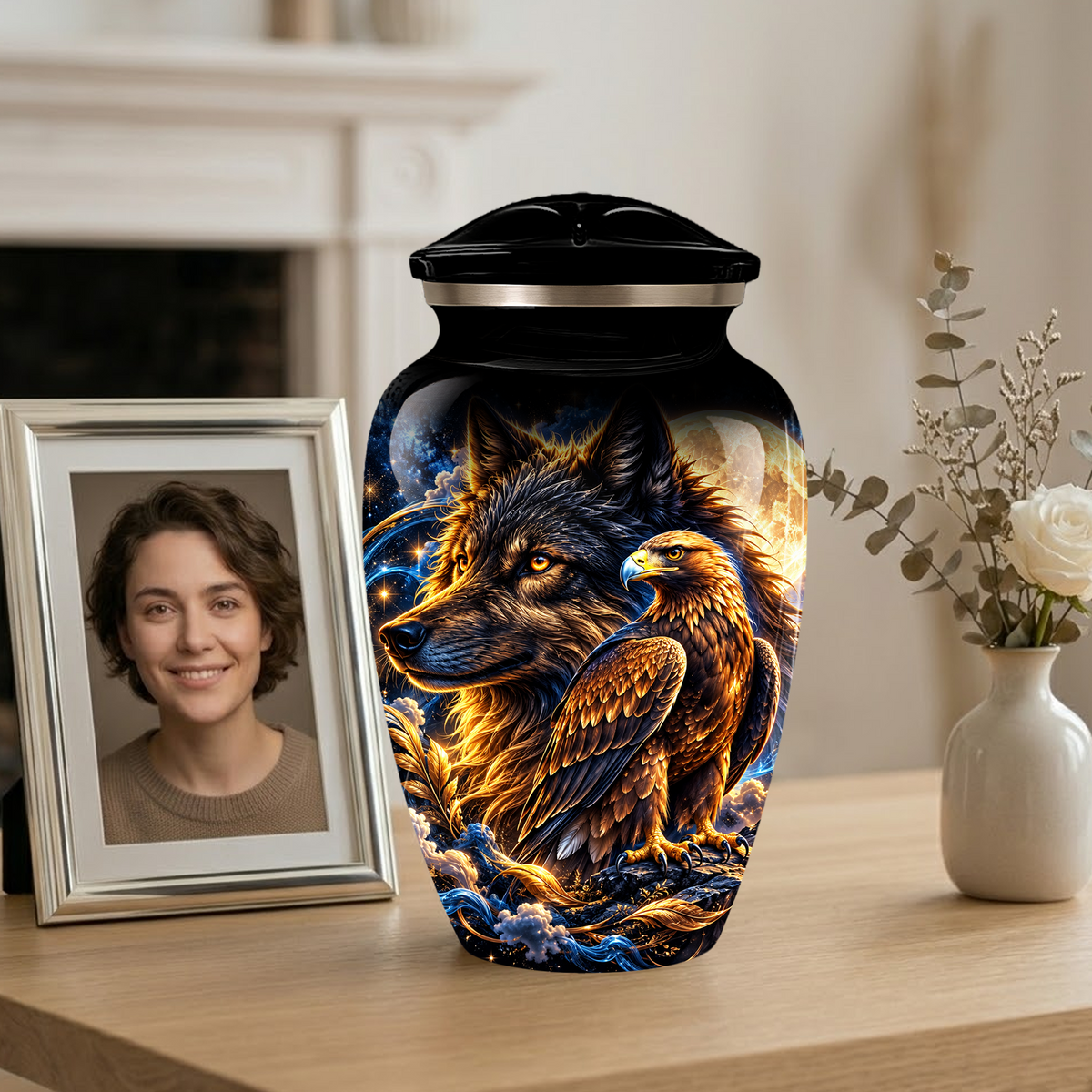Wolf and Eagle Cremation Urn for Adult Ashes, Black Memorial Urn with Golden Eagle, Majestic Wolf and Celestial Artwork