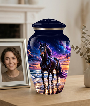 Personalized Adult Cremation Urn for Ashes, Custom Horse Memorial Urn, Black Horse with Purple Mane and Galaxy Sunset Design