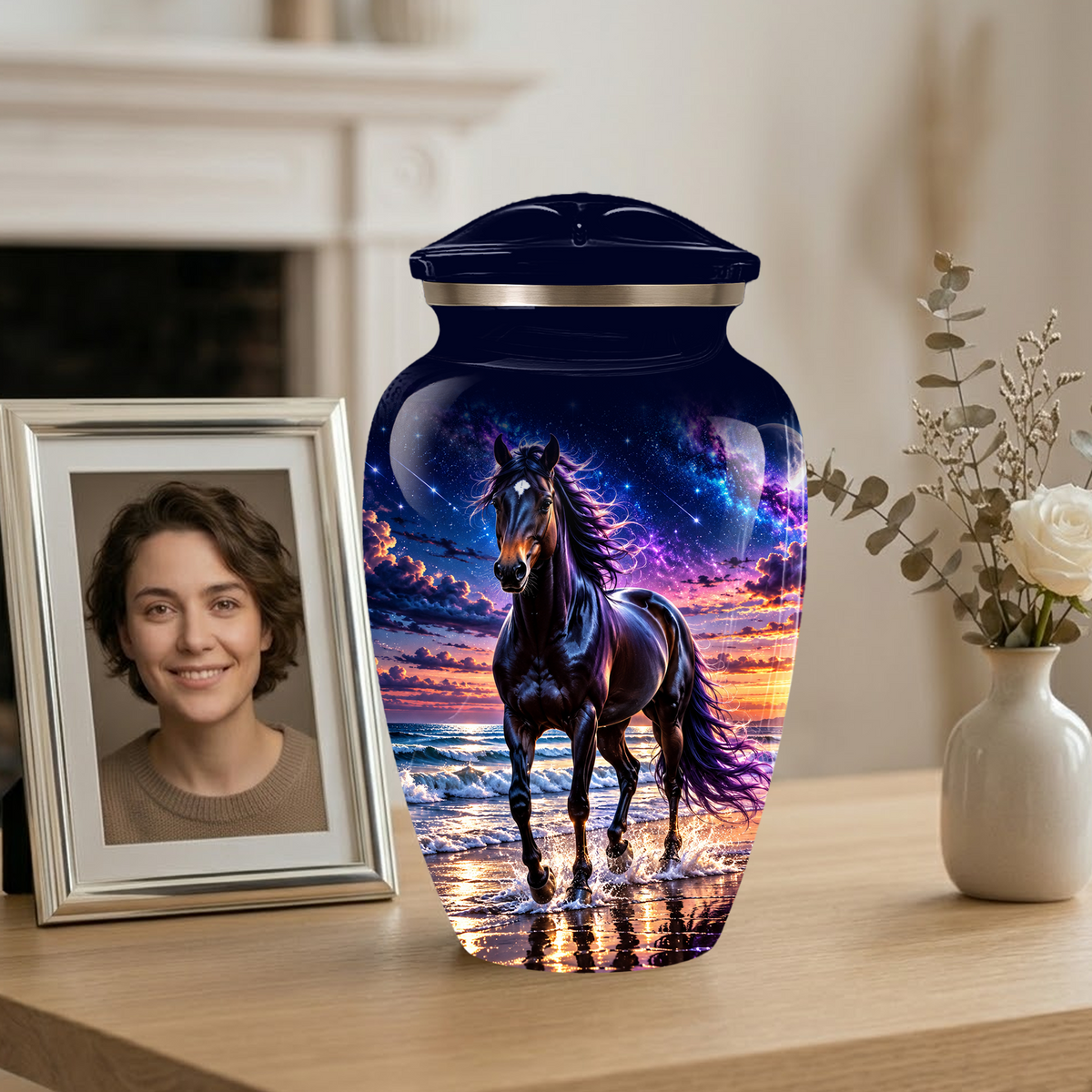 Personalized Adult Cremation Urn for Ashes, Custom Horse Memorial Urn, Black Horse with Purple Mane and Galaxy Sunset Design
