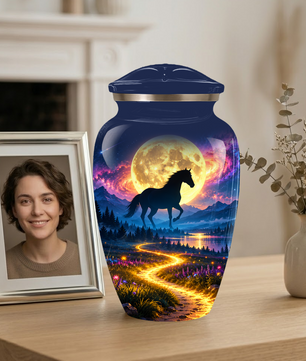 Personalized Adult Cremation Urn for Ashes, Black Horse Under Golden Moon Memorial Urn