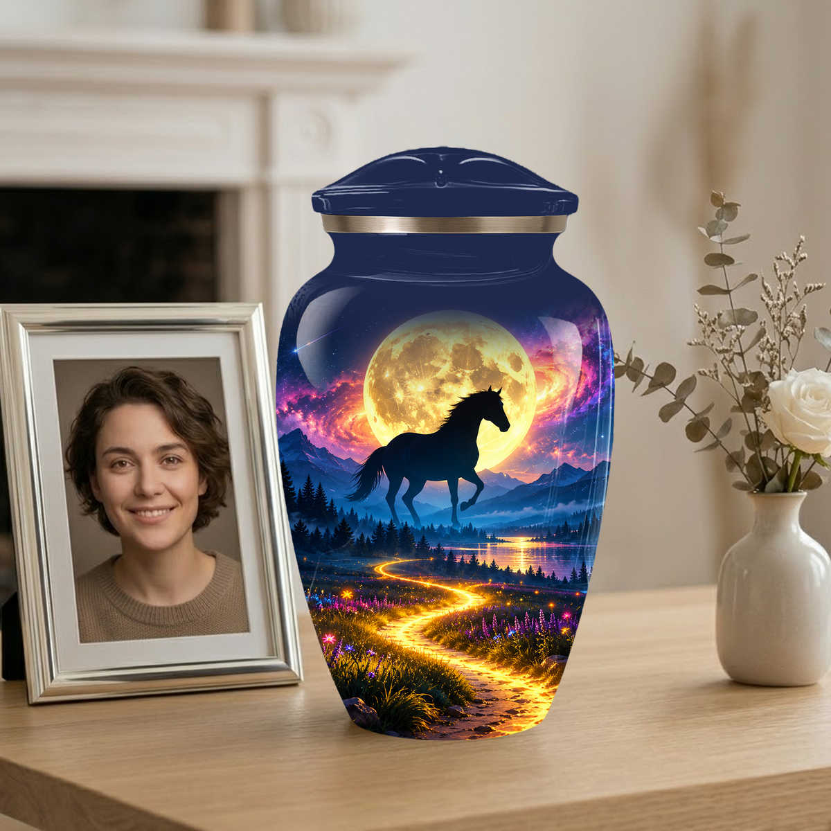 Personalized Adult Cremation Urn for Ashes, Black Horse Under Golden Moon Memorial Urn
