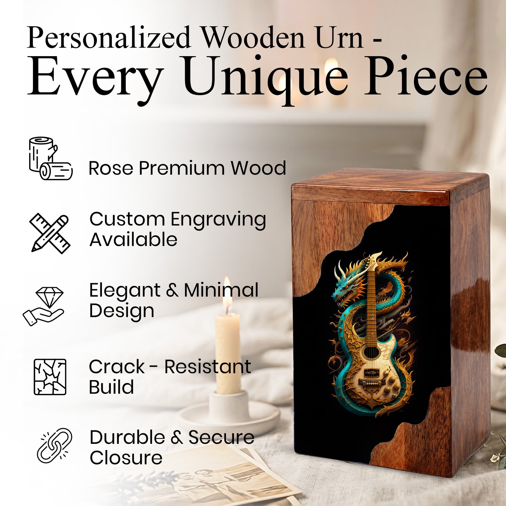 Dragon Guitar Wooden Cremation Urn – Music Memorial Urn with Mythical Dragon