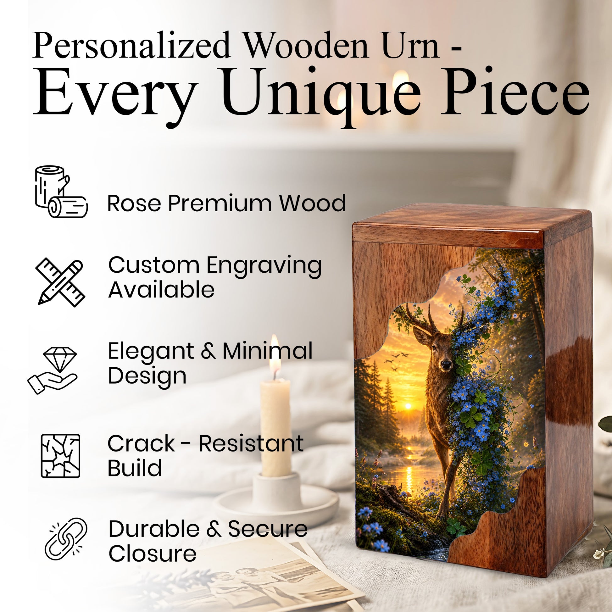 Deer Wooden Cremation Urn – Nature Memorial Urn for Human Ashes