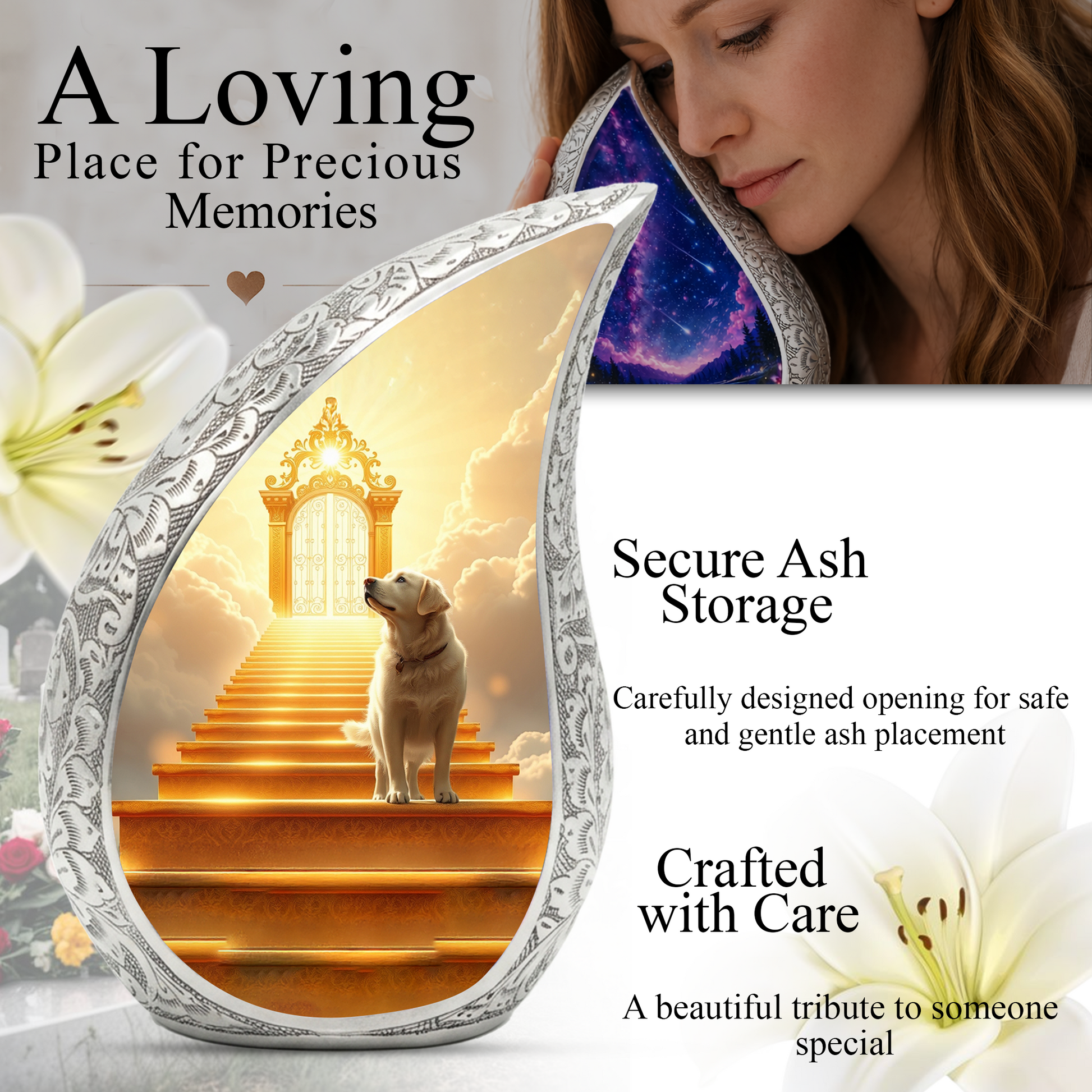 Personalized Dog Cremation Urn – Teardrop Style Aluminum Pet Memorial Urn, 10 Inch