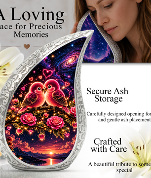 Love Birds Urn for Ashes, Romantic Bird Aluminum Cremation Urn