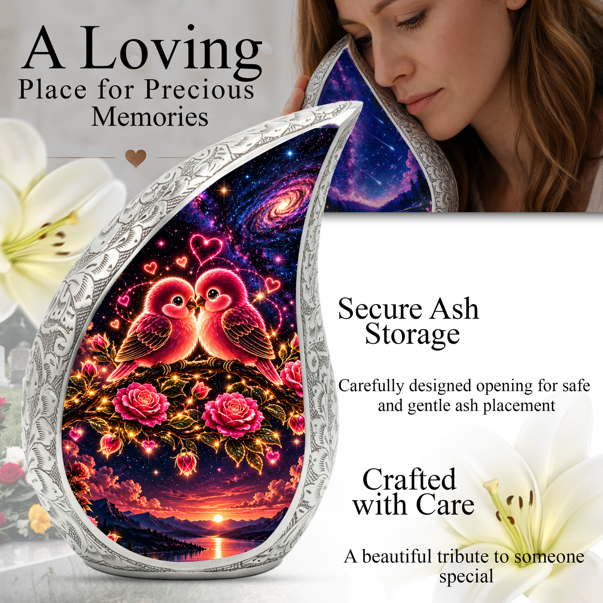 Love Birds Urn for Ashes, Romantic Bird Aluminum Cremation Urn