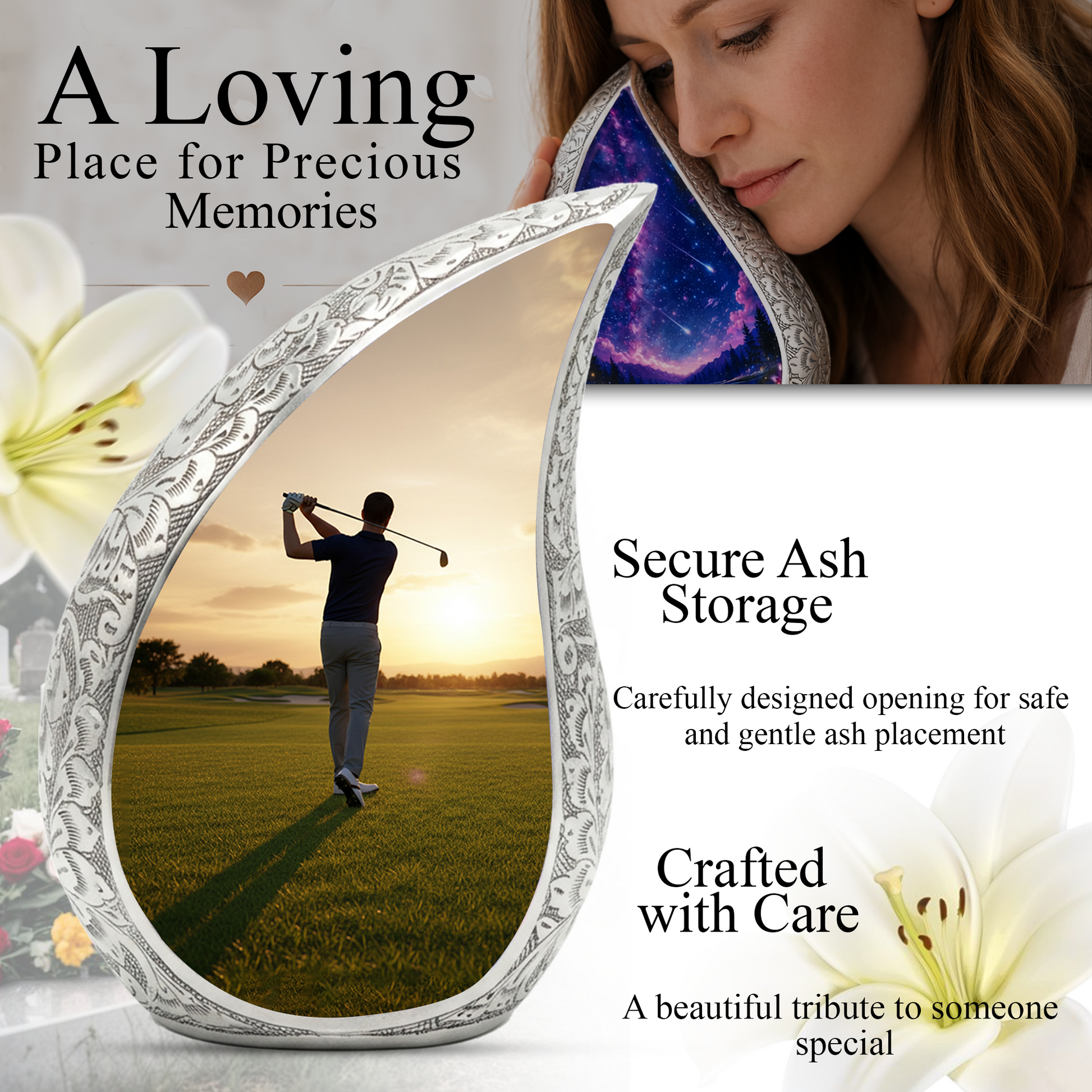 Golf Personalized Cremation Urn for Dad – Teardrop Style Aluminum Memorial Urn, 10 Inch