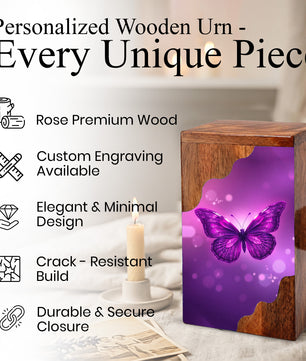 Purple Butterfly Wooden Cremation Urn – Elegant Butterfly Memorial Wooden Urn for Human Ashes