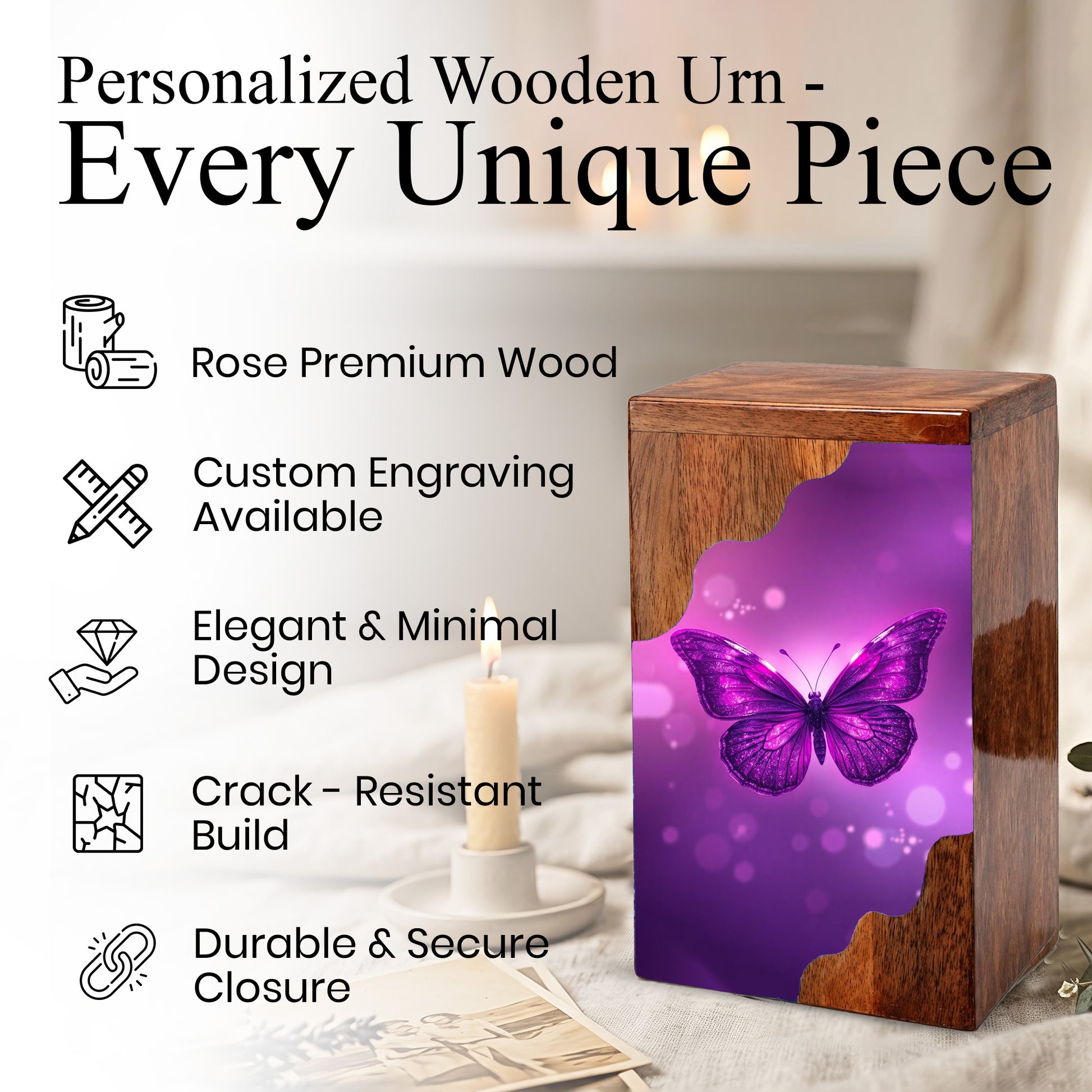 Purple Butterfly Wooden Cremation Urn – Elegant Butterfly Memorial Wooden Urn for Human Ashes