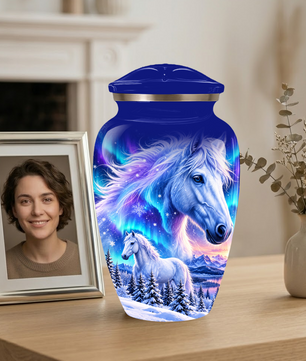 White Horse Cremation Urn for Adult Ashes, Blue Memorial Urn with Snowy Mountain and Northern Lights Artwork