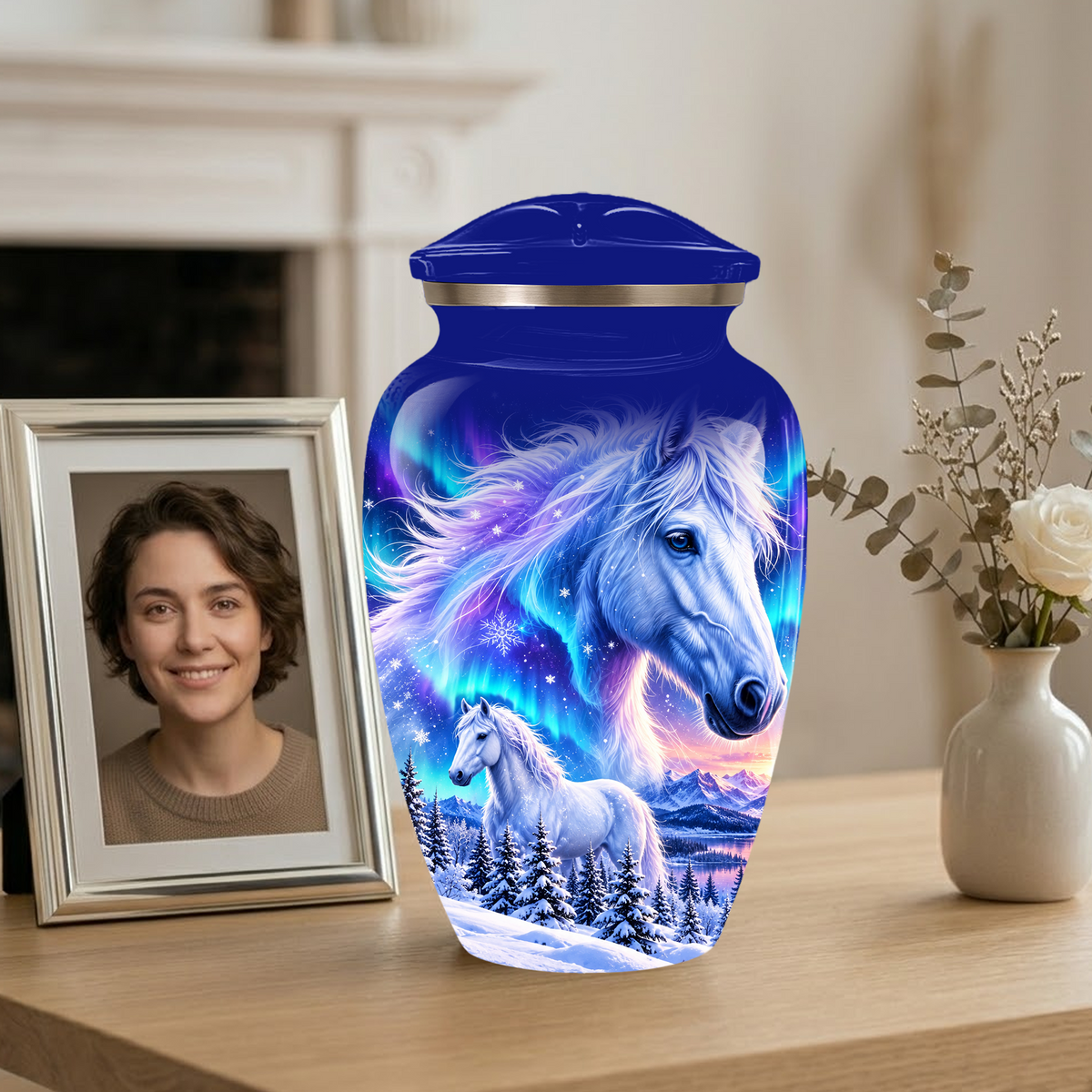 White Horse Cremation Urn for Adult Ashes, Blue Memorial Urn with Snowy Mountain and Northern Lights Artwork