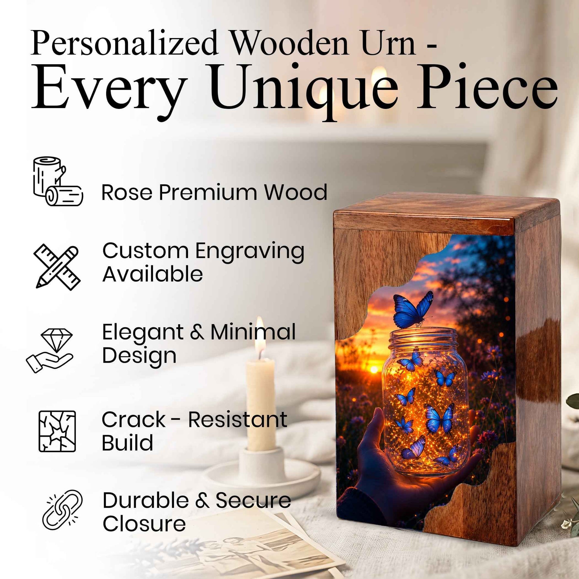 Butterfly Wooden Cremation Urn – Glowing Butterfly Memorial Urn for Human Ashes
