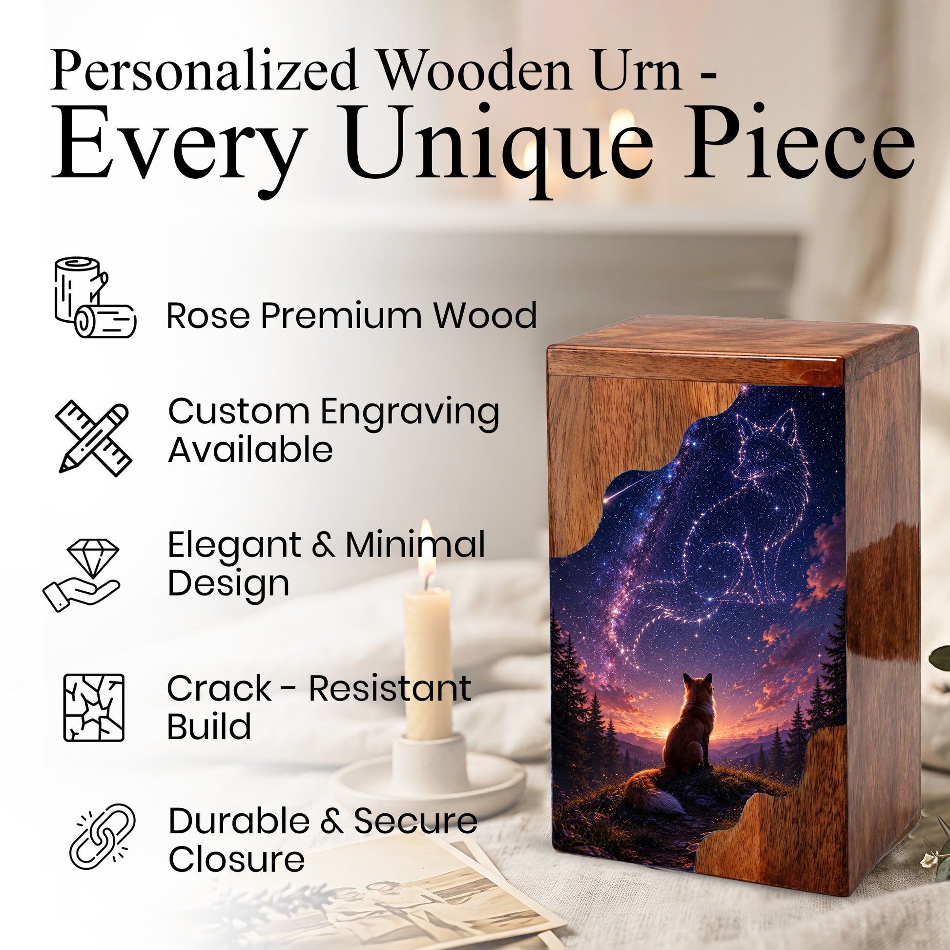 Fox Memorial Wooden Cremation Urn – Wooden Urn for Human Ashes