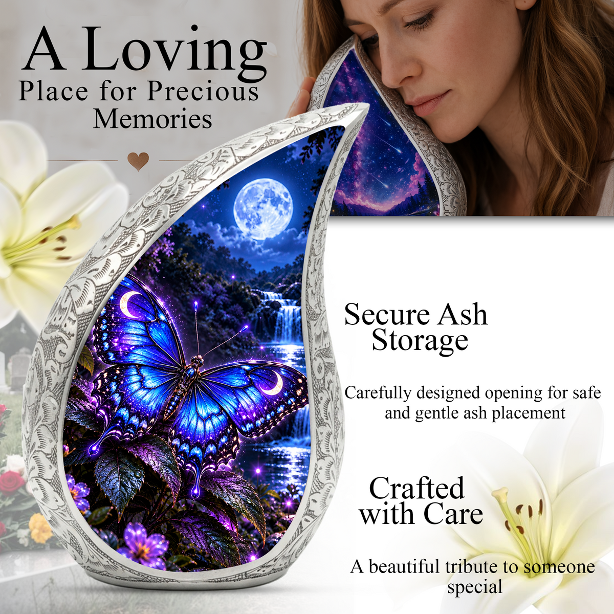Blue Butterfly Cremation Urn for Mom Ashes - Moonlight Butterfly Memorial Urn