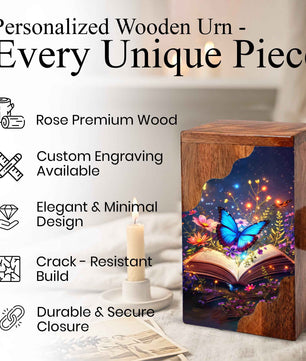 Wooden Cremation Urn – Butterfly Memorial Urn | Book of Memories Wooden Urn for Human Ashes