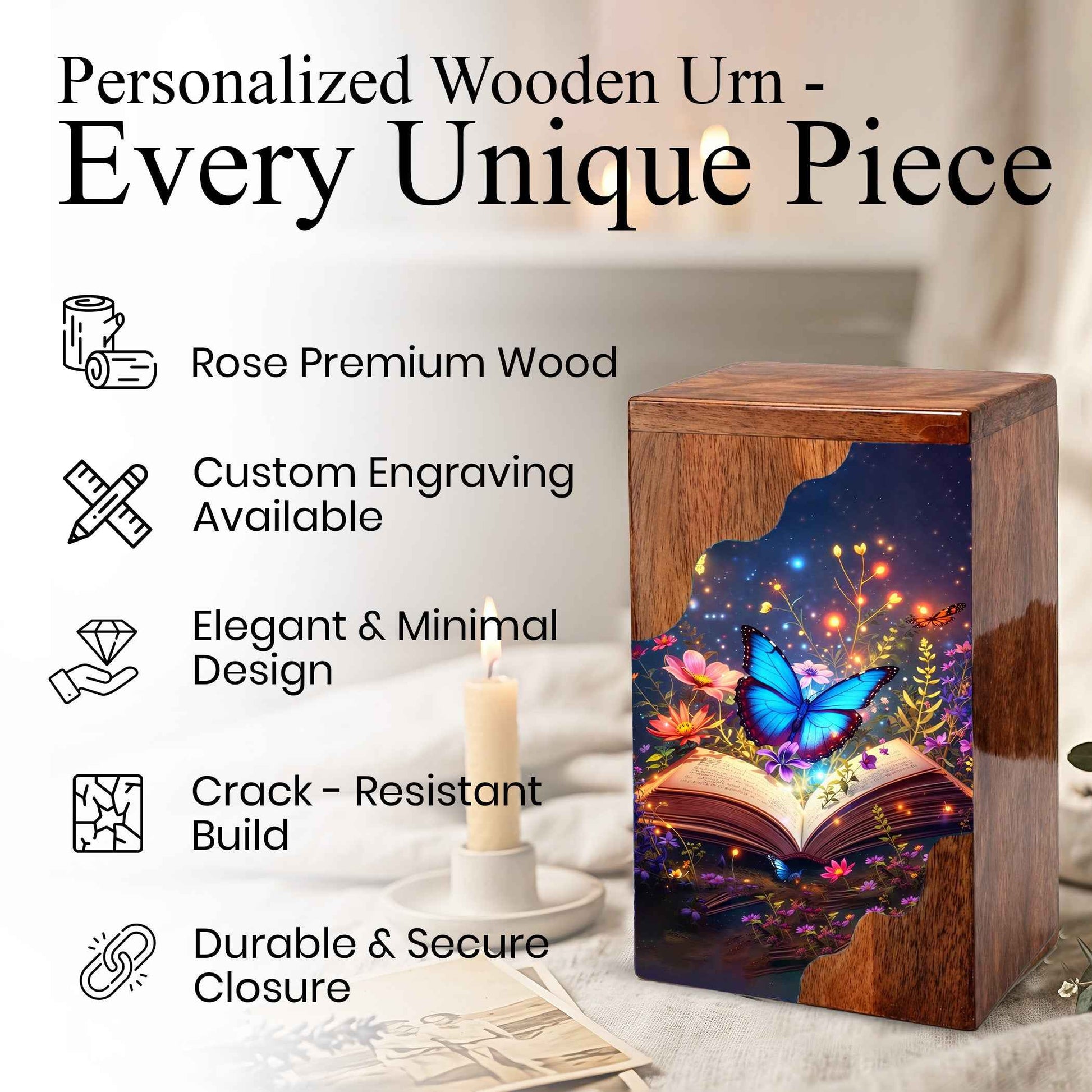 Wooden Cremation Urn – Butterfly Memorial Urn | Book of Memories Wooden Urn for Human Ashes