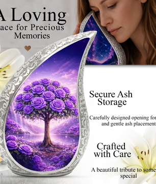 Personalized Purple Rose Cremation Urn – Custom Floral Memorial Urn for Ashes, Tree of Life Teardrop Aluminum Adult Urn, 10 Inch