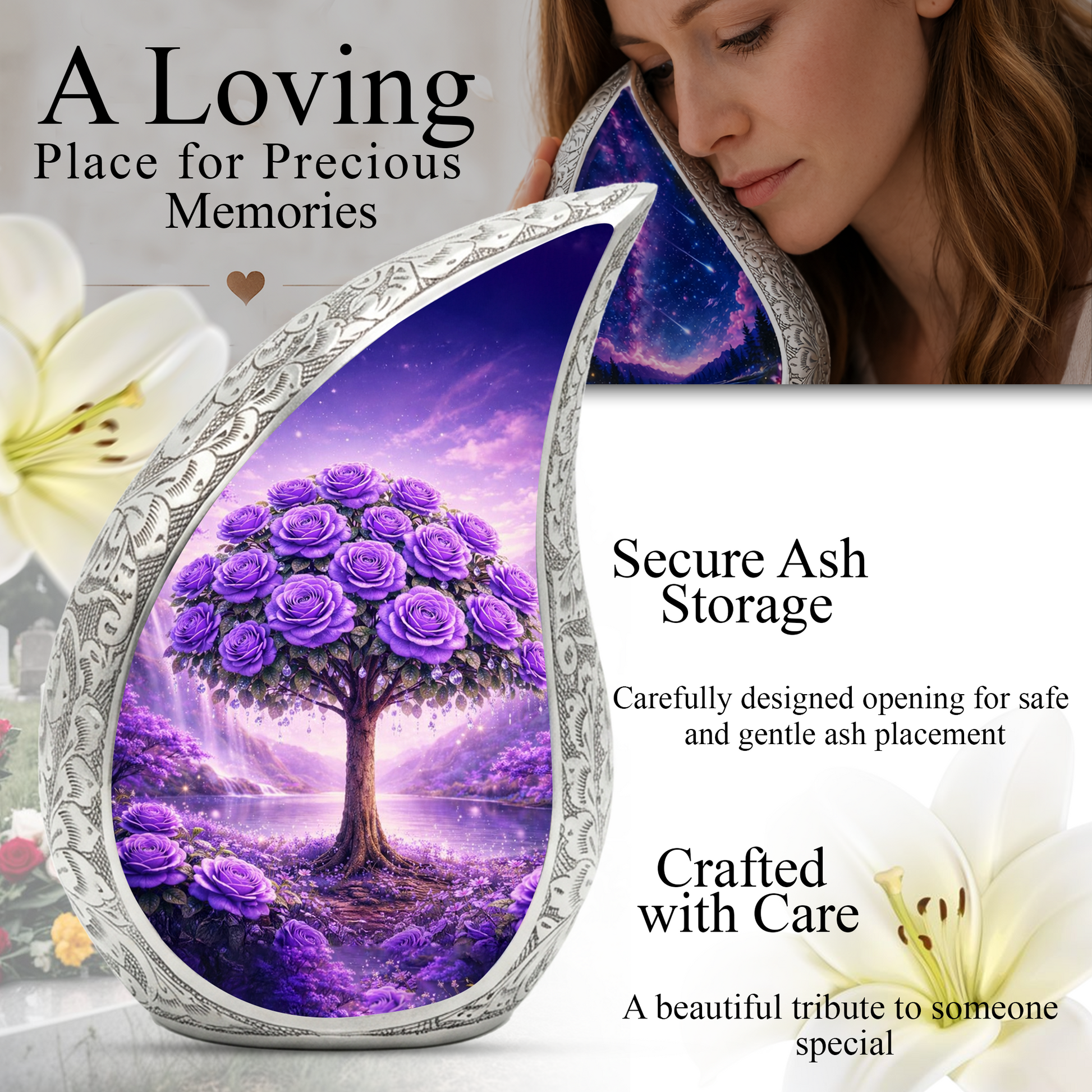 Personalized Purple Rose Cremation Urn – Custom Floral Memorial Urn for Ashes, Tree of Life Teardrop Aluminum Adult Urn, 10 Inch