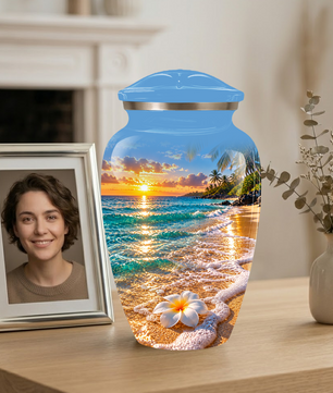 Tropical Beach Sunset Memorial Urn, Plumeria Flower Urn for Human Ashes