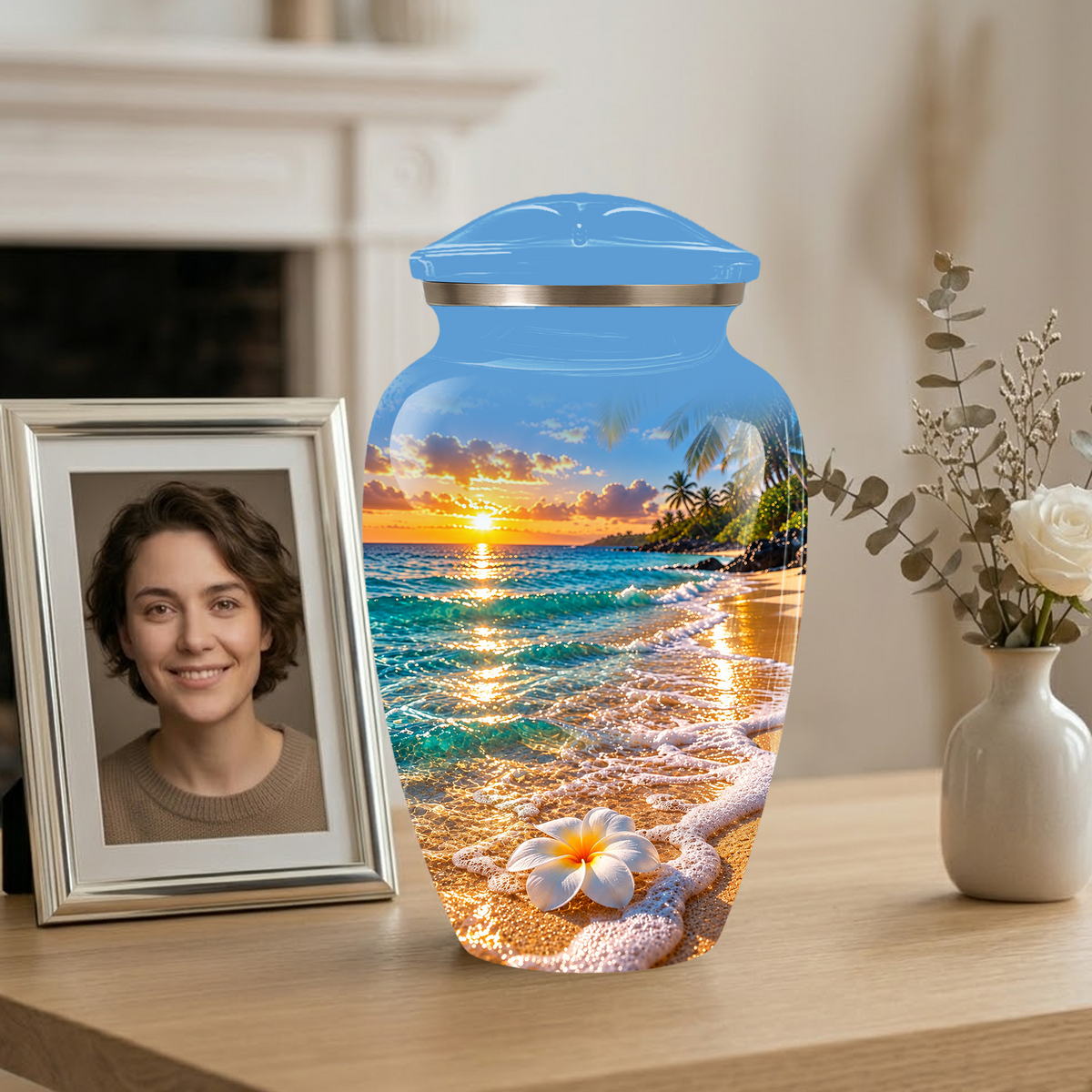 Tropical Beach Sunset Memorial Urn, Plumeria Flower Urn for Human Ashes