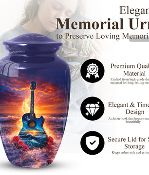 Guitar Funeral Urn - Adult Cremation Large Urn for Ashes |Ocean Sunset Memorial Urn