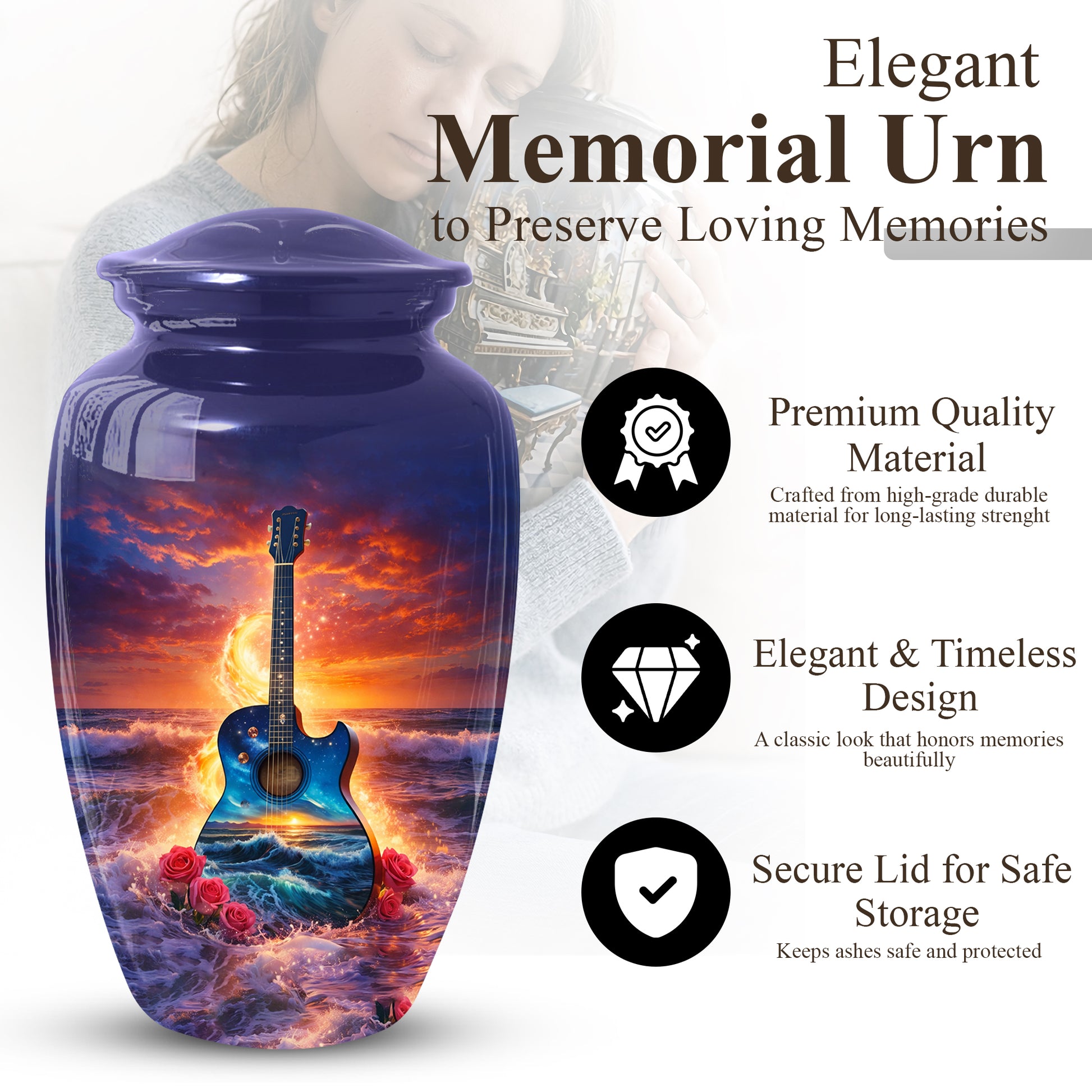 Guitar Funeral Urn - Adult Cremation Large Urn for Ashes |Ocean Sunset Memorial Urn