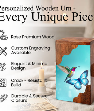 Hummingbird & Blue Butterfly Wooden Cremation Urn – Symbolic Memorial Wooden Urn for Human Ashes