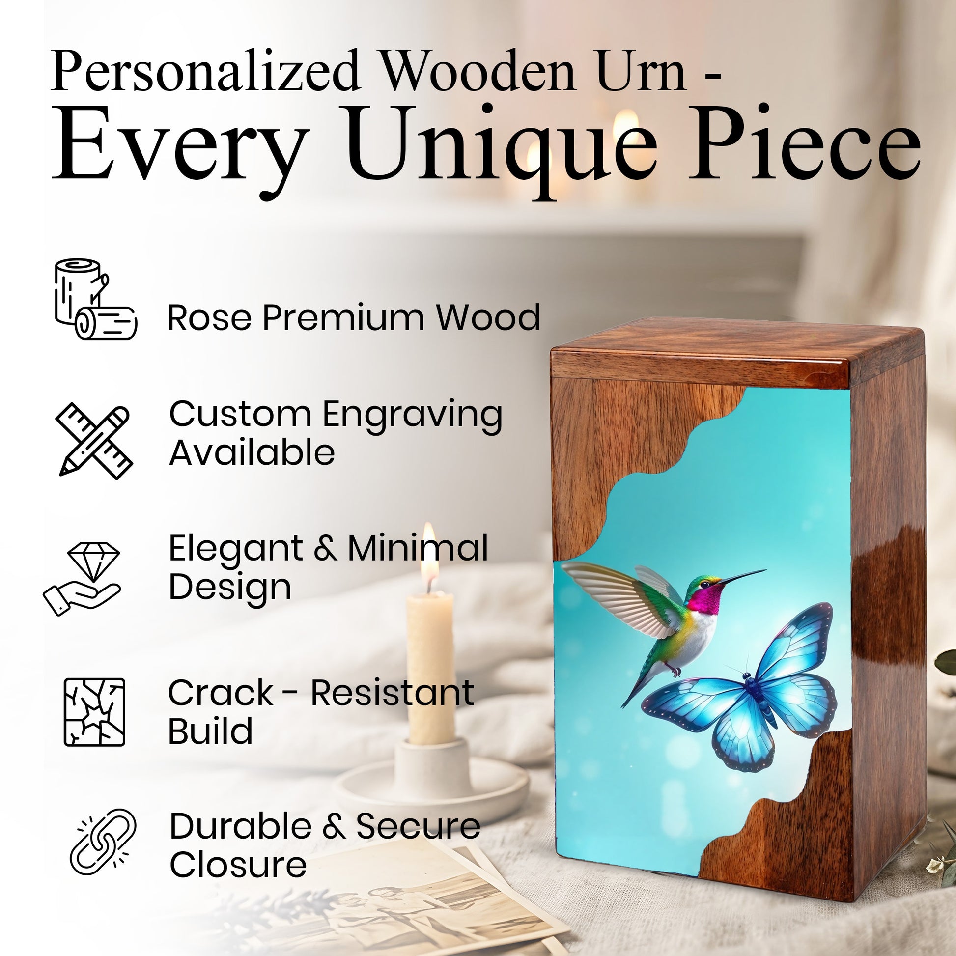 Hummingbird & Blue Butterfly Wooden Cremation Urn – Symbolic Memorial Wooden Urn for Human Ashes
